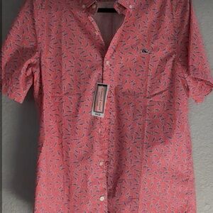 Vineyard Vines Coral Pink Short-Sleeve Button-Down with Navy Leaf Print